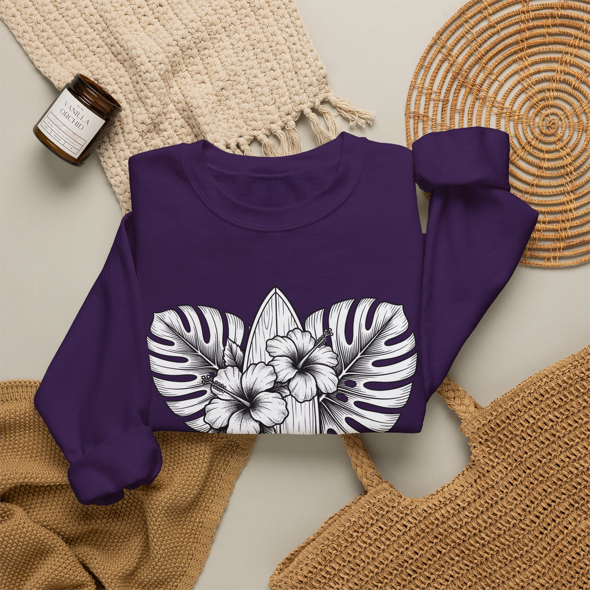 Surfboard Petals Sweatshirt Surfing Shore Gift Women Drawing Sweatshirt Surfboards Sweatshirt Surfer Fan Illustration Graphic Nature Flower Sweatshirt