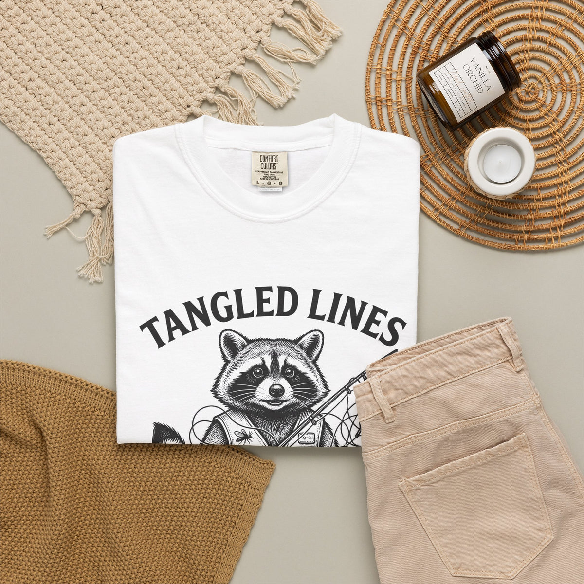 Raccoon Fisher Fishing Pets Gift Line Raccoon Angler Fan Illustrated Animal Cartoon Fishing T-Shirt