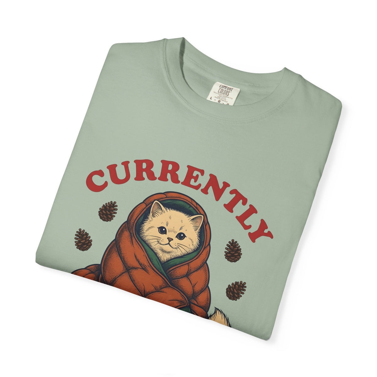 Warm Cat T-Shirt Cat Backpacking Gift Women Farmhouse T-Shirt Kitty T-Shirt Feline Fan Rustic T-Shirt Hiking Graphic Line Art Conifer Cones T-Shirt