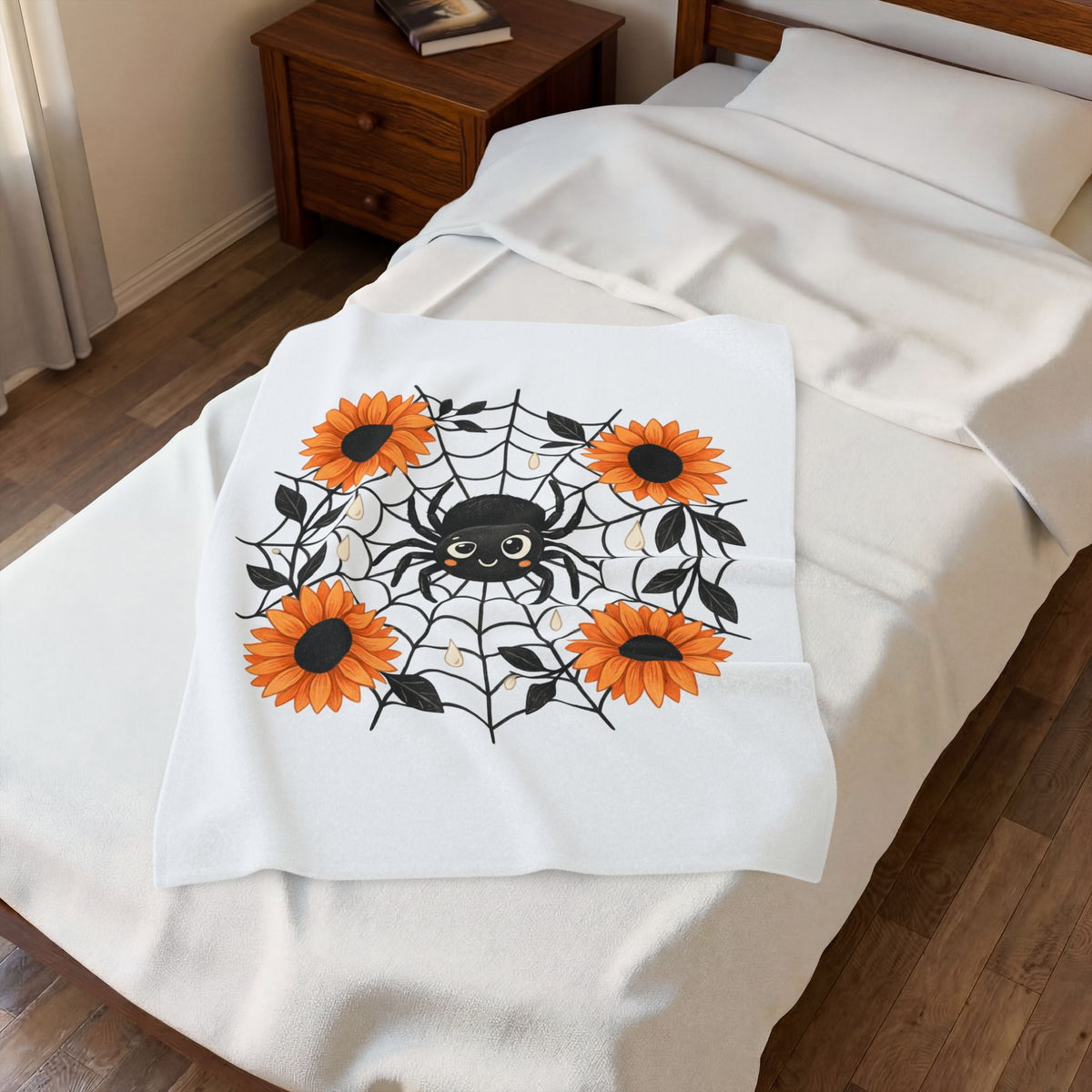 Spider Web Sunflower Blanket Boho Chic Autumn Gift Women Cartoon Blanket Sunflower Blanket Hippie Fan Comic Blanket Fall Graphic Doodle Petal