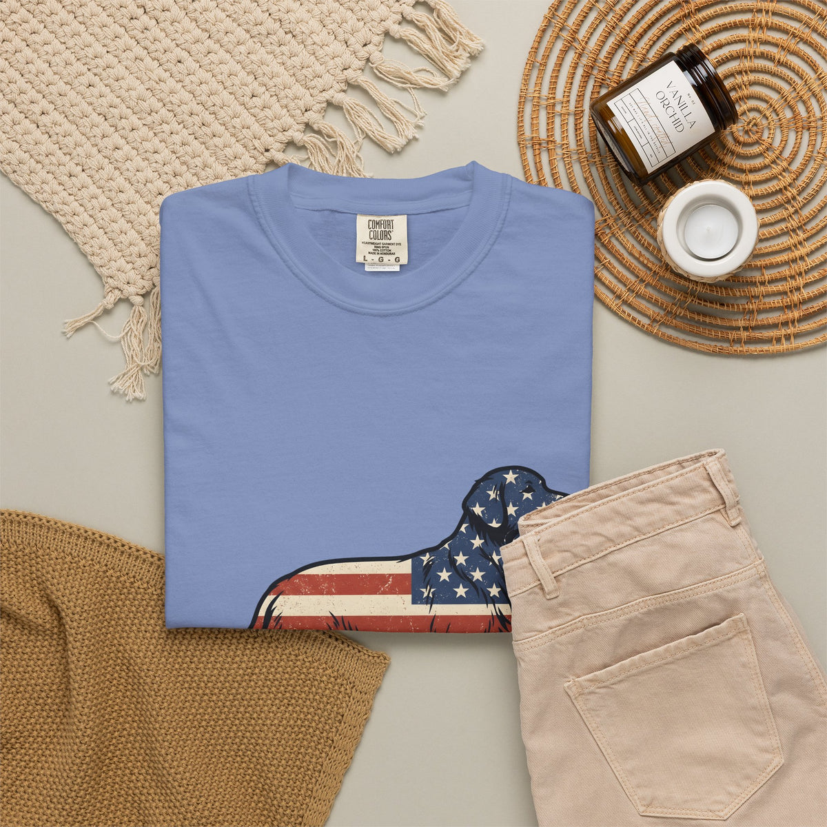 Golden Retriever T-Shirt 4th Of July Pets Gift Women Retro T-Shirt Dog T-Shirt Independence Day Fan Vintage T-Shirt Animal Graphic Sketch Usa Flag