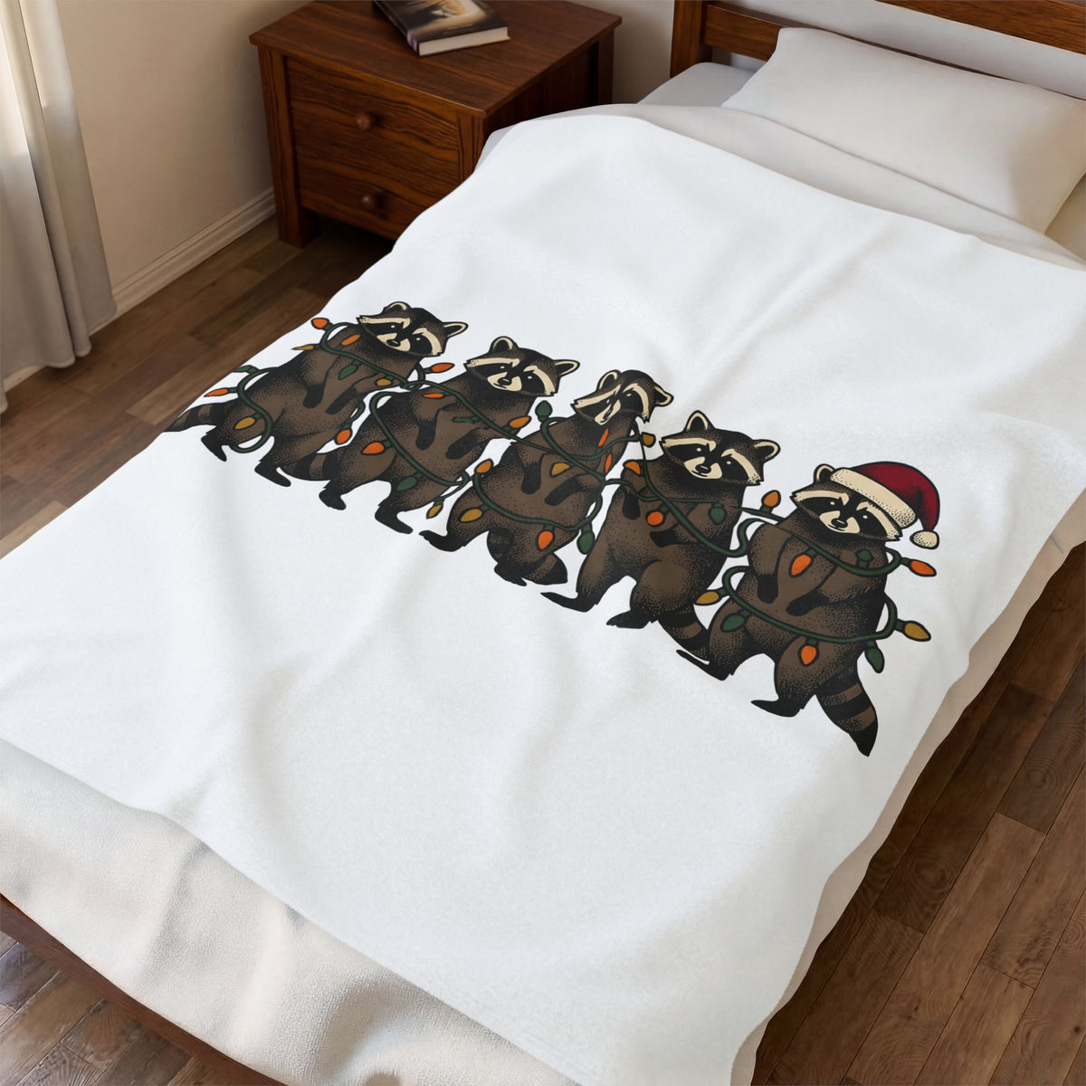 Raccoon Pack Blanket Christmas Wildlife Gift Women Comic Blanket Trash Panda Blanket Xmas Fan Cartoon Blanket Animal Graphic Retro Holiday Lights