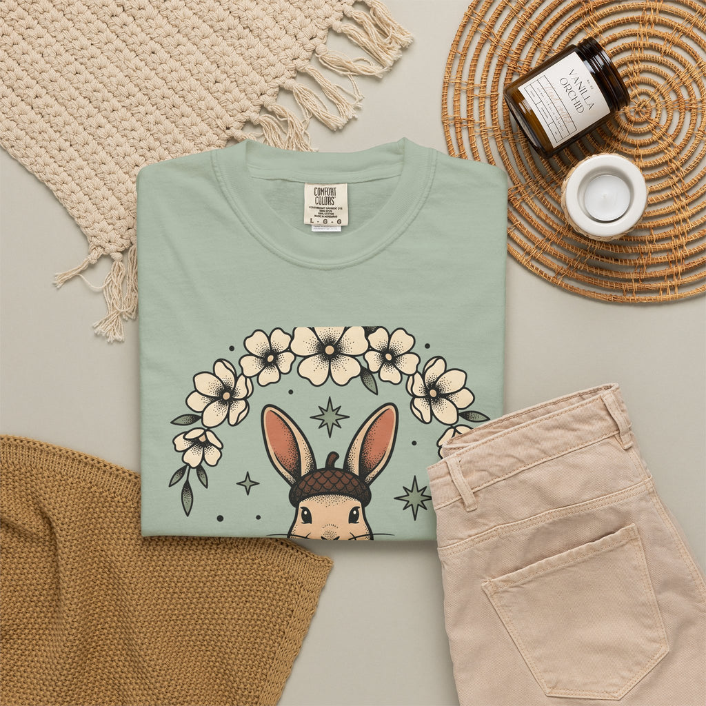 Peaceful Hare T-Shirt Yoga Critter Gift Women Folk T-Shirt Rabbit T-Shirt Yoga Enthusiast Folk Art T-Shirt Animal Graphic Line Art Garden Loop