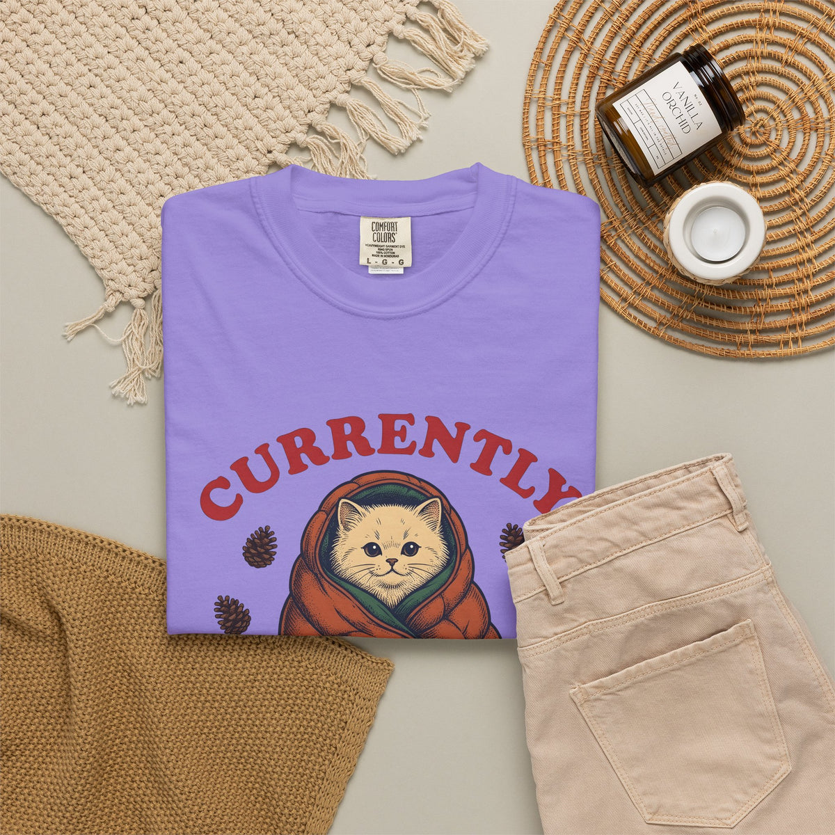 Warm Cat T-Shirt Cat Backpacking Gift Women Farmhouse T-Shirt Kitty T-Shirt Feline Fan Rustic T-Shirt Hiking Graphic Line Art Conifer Cones T-Shirt