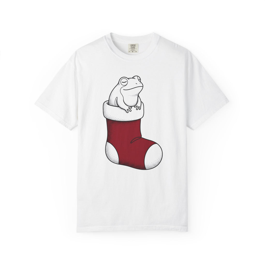Frog Holiday Sock T-Shirt Christmas Pet Gift Women Modern T-Shirt Toad T-Shirt Xmas Fan Holiday T-Shirt Animal Graphic Doodle Xmas Stocking T-Shirt