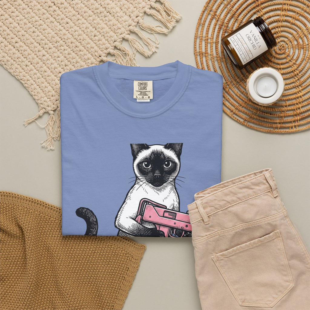 Siamese Cat T-Shirt Cat Humor Gift Women Hand Drawn T-Shirt Siamese T-Shirt Feline Fan Illustrated Graphic T-Shirt Vintage Toy Gun T-Shirt