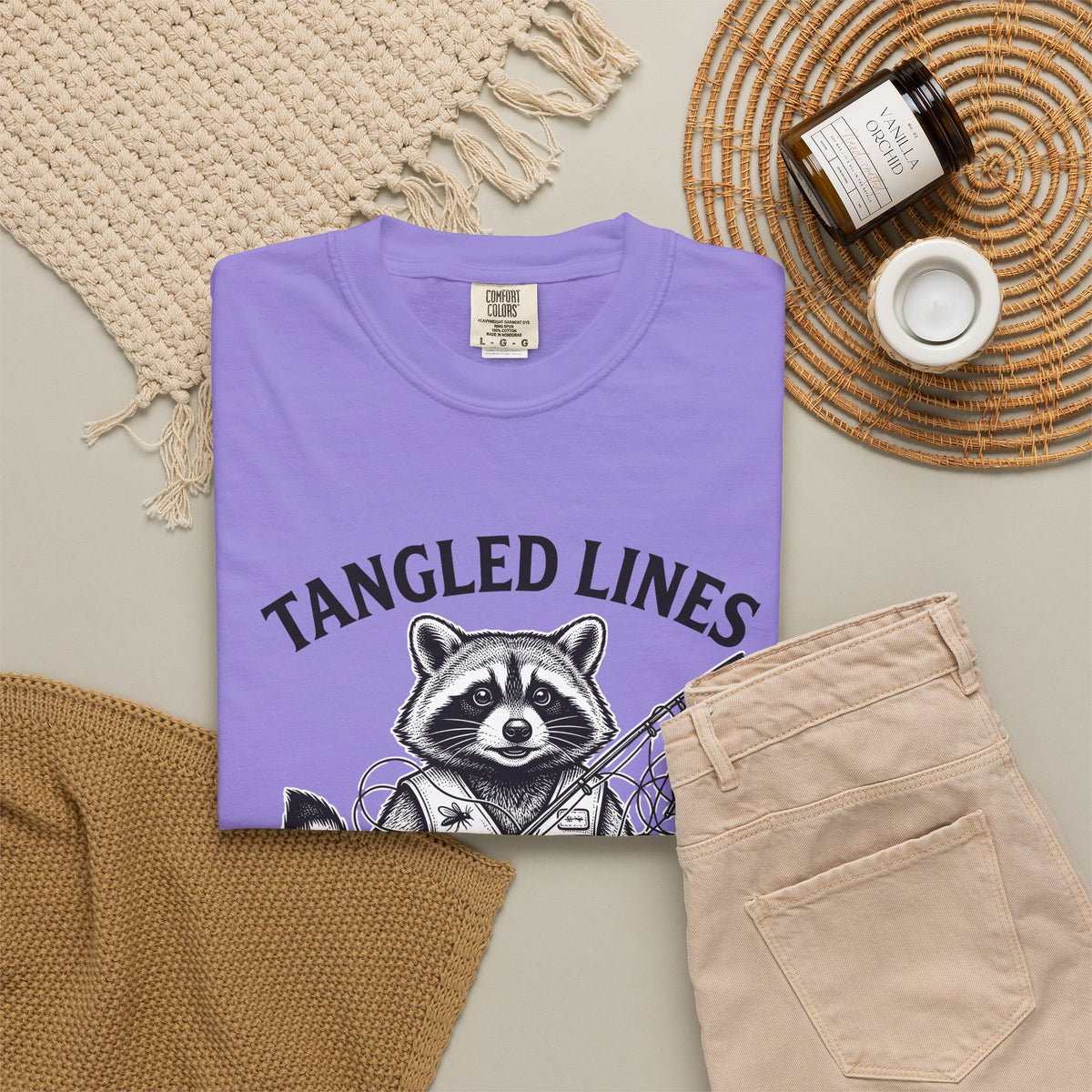 Raccoon Fisher Fishing Pets Gift Line Raccoon Angler Fan Illustrated Animal Cartoon Fishing T-Shirt