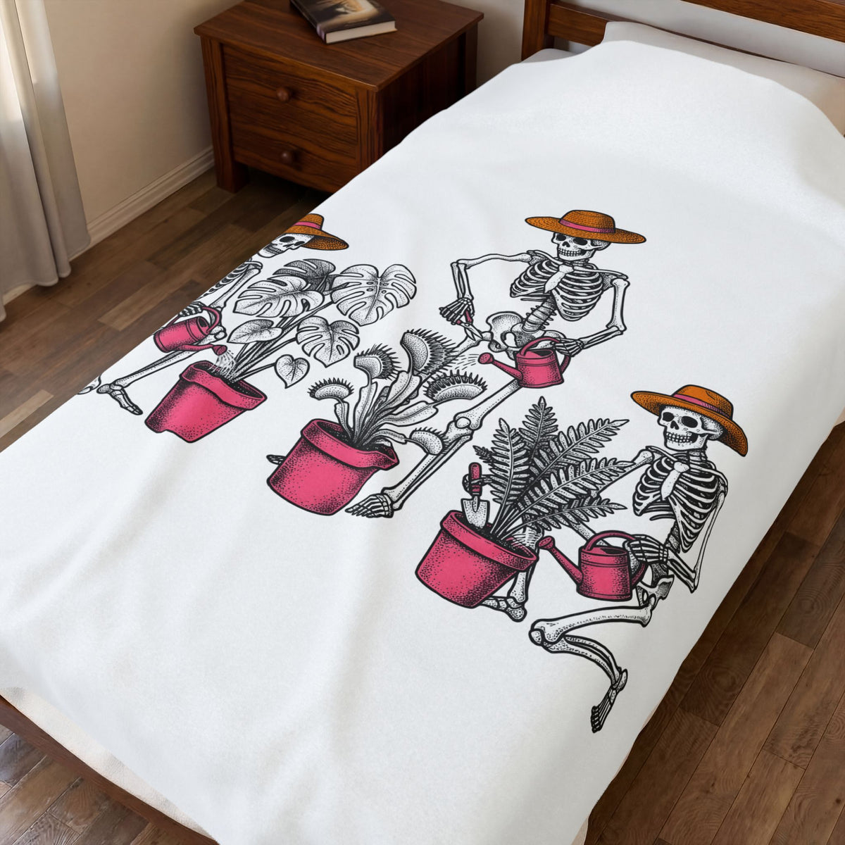 Skull Gardener Halloween Plants Gift Sketch Skeleton Horror Fan Drawing Floral Retro Potted Plants Blanket