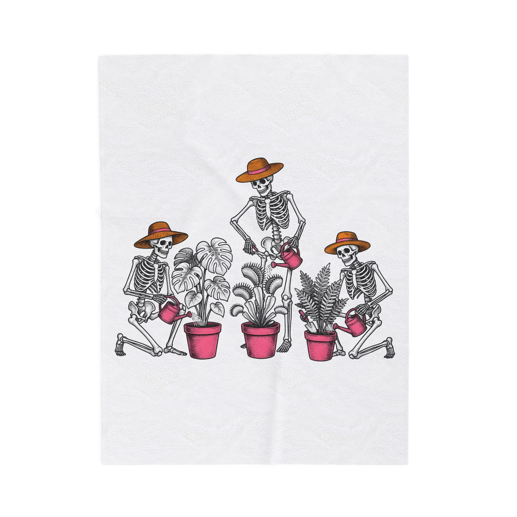 Skull Gardener Halloween Plants Gift Sketch Skeleton Horror Fan Drawing Floral Retro Potted Plants Blanket