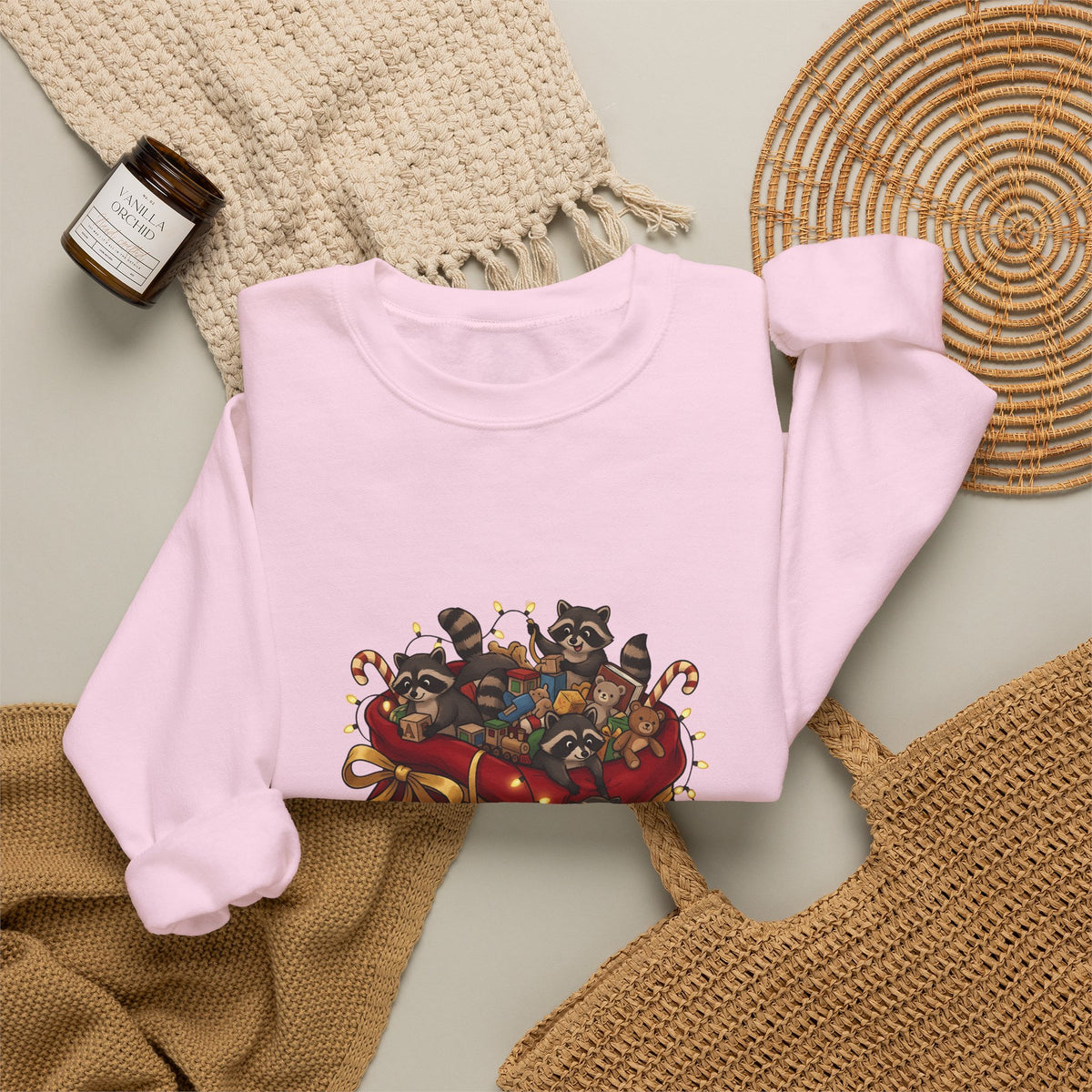 Raccoon Toy Sack Sweatshirt Christmas Animals Gift Women Cute Sweatshirt Trash Panda Sweatshirt Xmas Fan Critter Graphic Sweatshirt Hand Drawn Fairy Lights