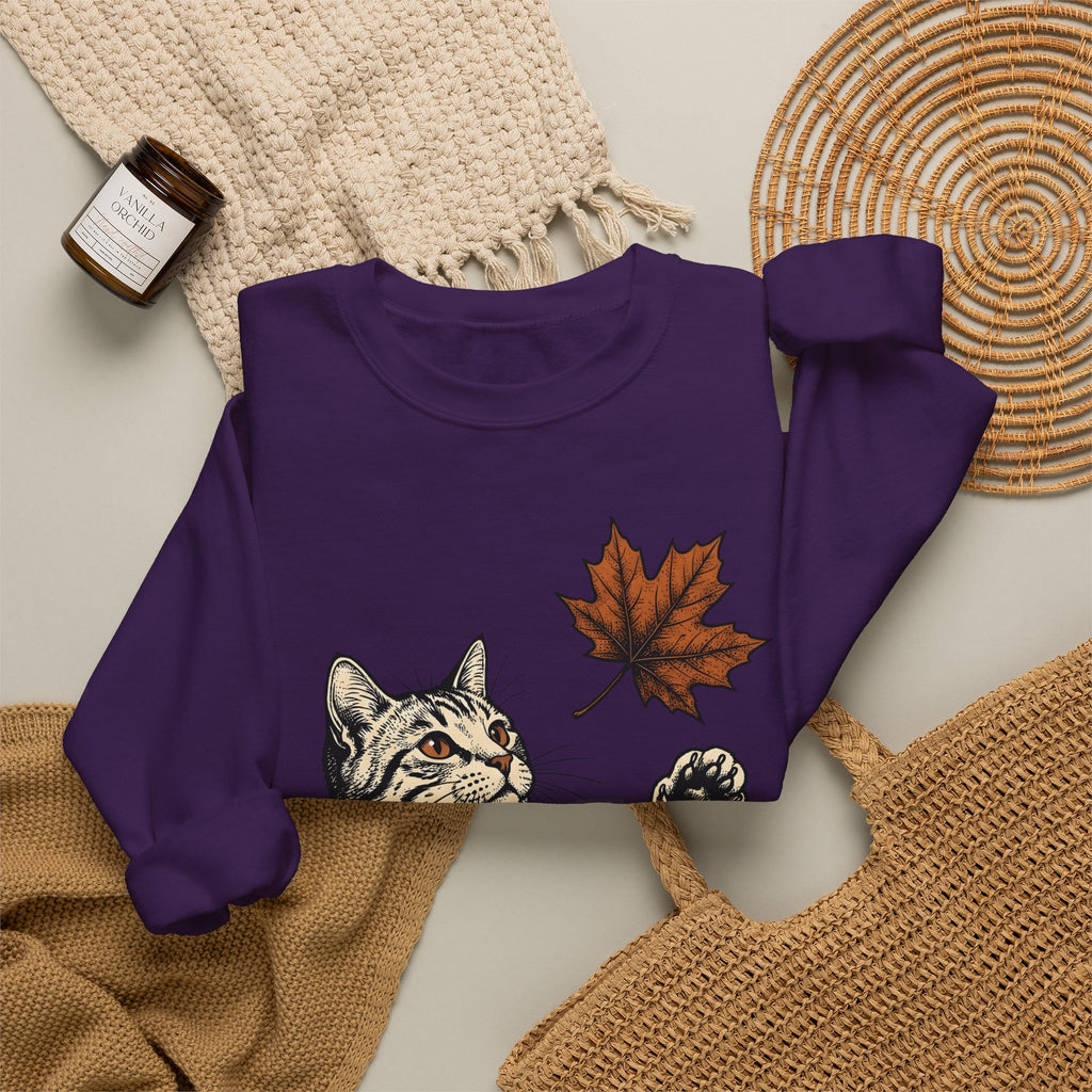 Tabby Cat Sweatshirt Cat Autumn Gift Women Vintage Sweatshirt Kitty Sweatshirt Feline Fan Retro Sweatshirt Fall Graphic Hand Drawn Maple Leaf Sweatshirt