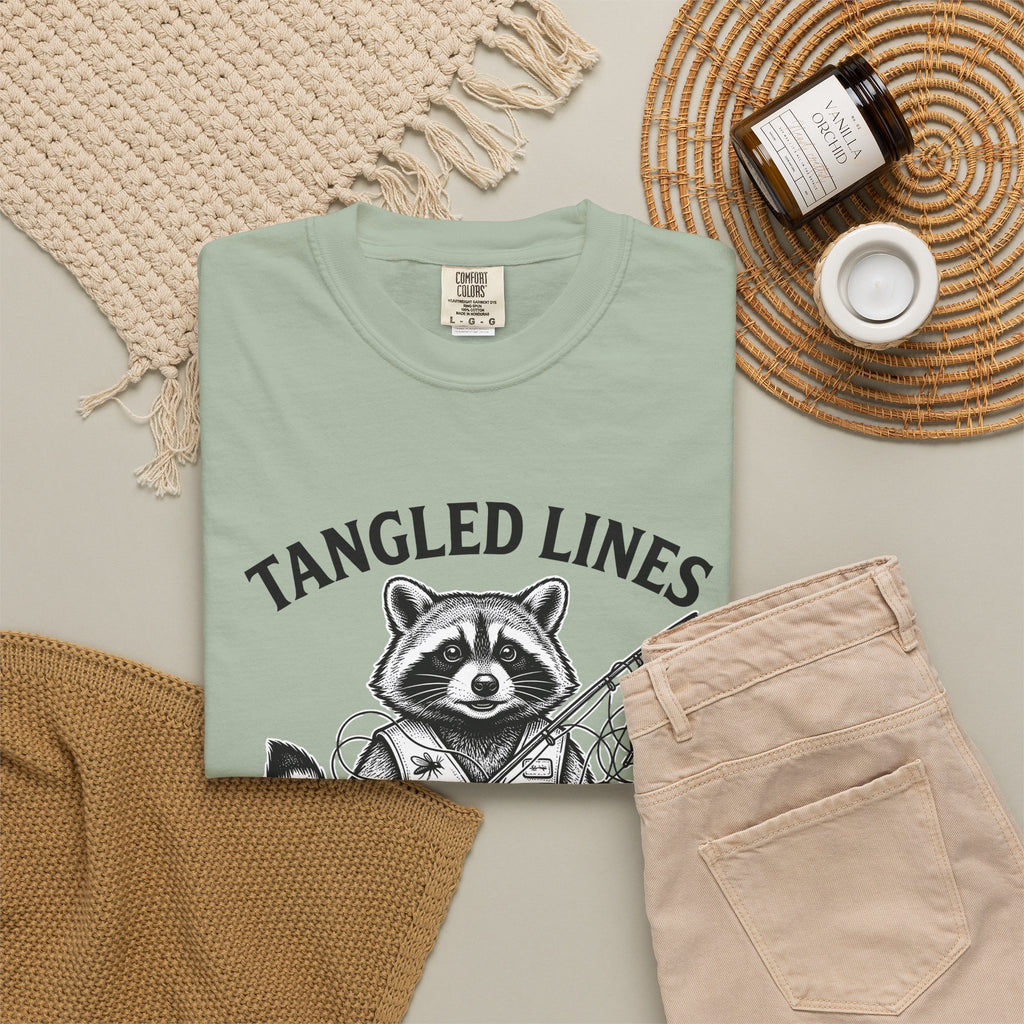 Raccoon Fisher Fishing Pets Gift Line Raccoon Angler Fan Illustrated Animal Cartoon Fishing T-Shirt