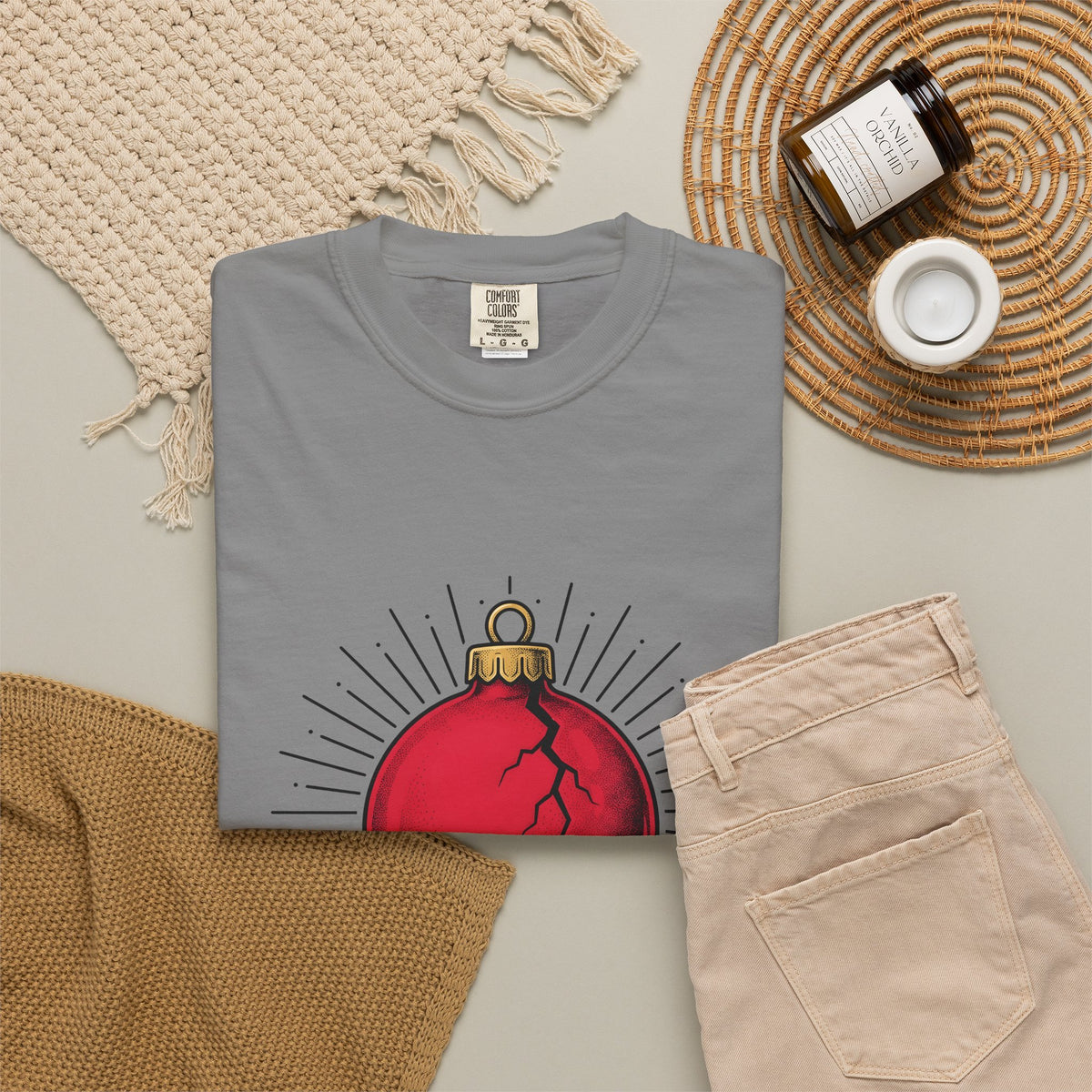 Fractured Ornament T-Shirt Christmas Satire Gift Women Hand Drawn T-Shirt Broken Bauble T-Shirt Xmas Fan Hand Drawn T-Shirt Sarcastic Graphic Old
