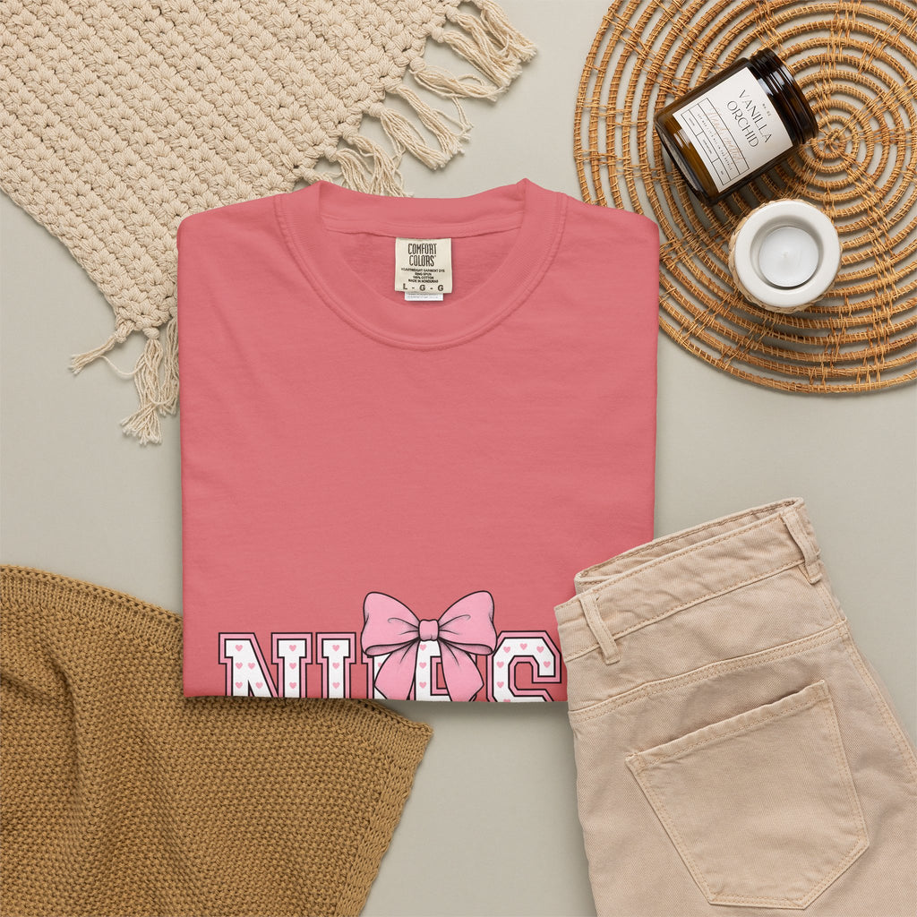 Blush Bow T-Shirt Nurse Thankfulness Gift Women Sweet T-Shirt Bow Tie T-Shirt Rn Fan Cute T-Shirt Gratitude Graphic Classic Heart Shapes T-Shirt