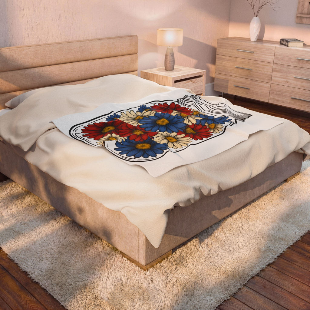 Glass Jar Blooms Blanket 4th Of July Garden Gift Women Sketch Blanket Mason Jar Blanket Patriotic Fan Vintage Drawing Yard Graphic Retro