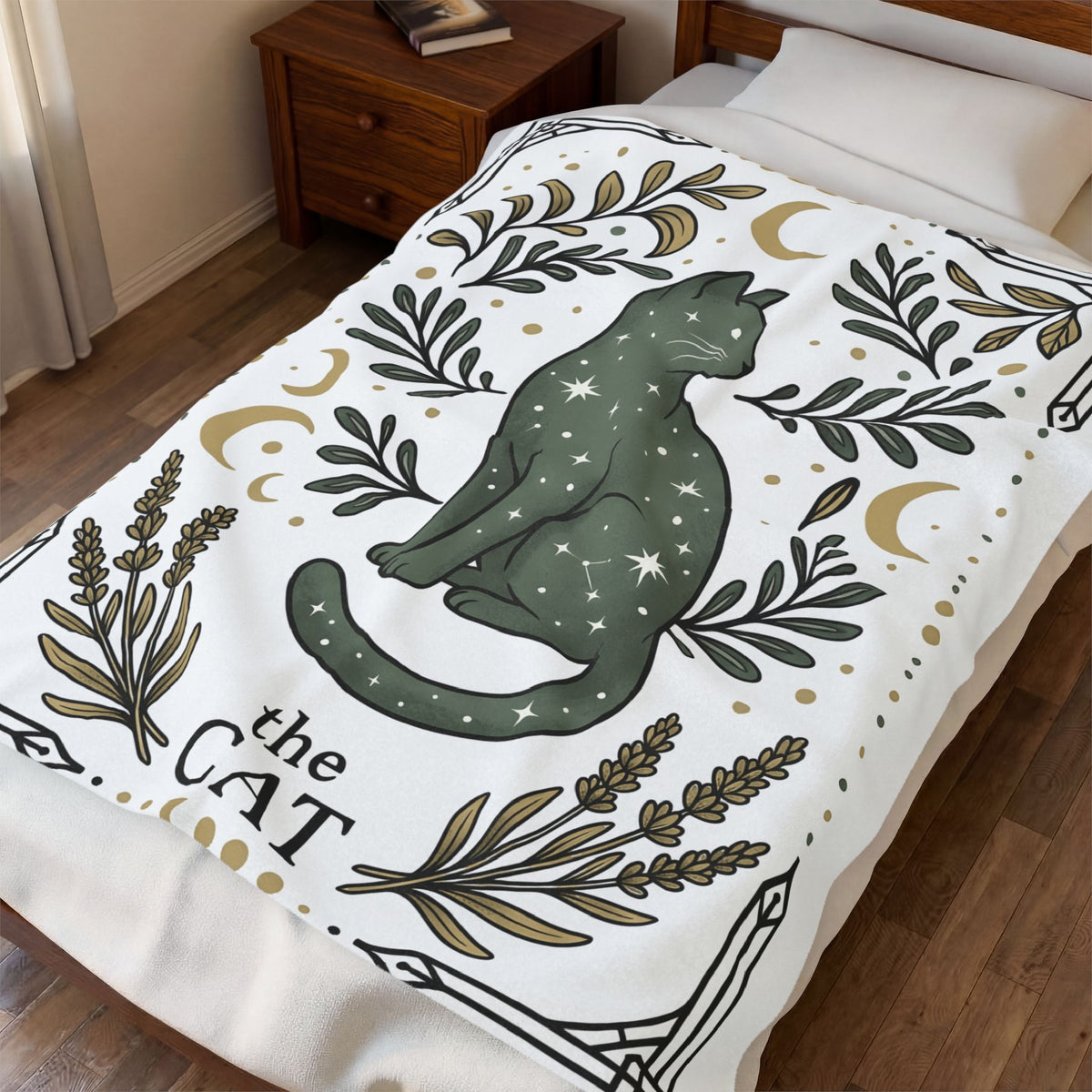 Star Cat Blanket Boho Chic Horoscope Gift Women Retro Blanket Kitty Blanket Bohemian Fan Vintage Blanket Zodiac Graphic Hand Drawn Greenery Blanket