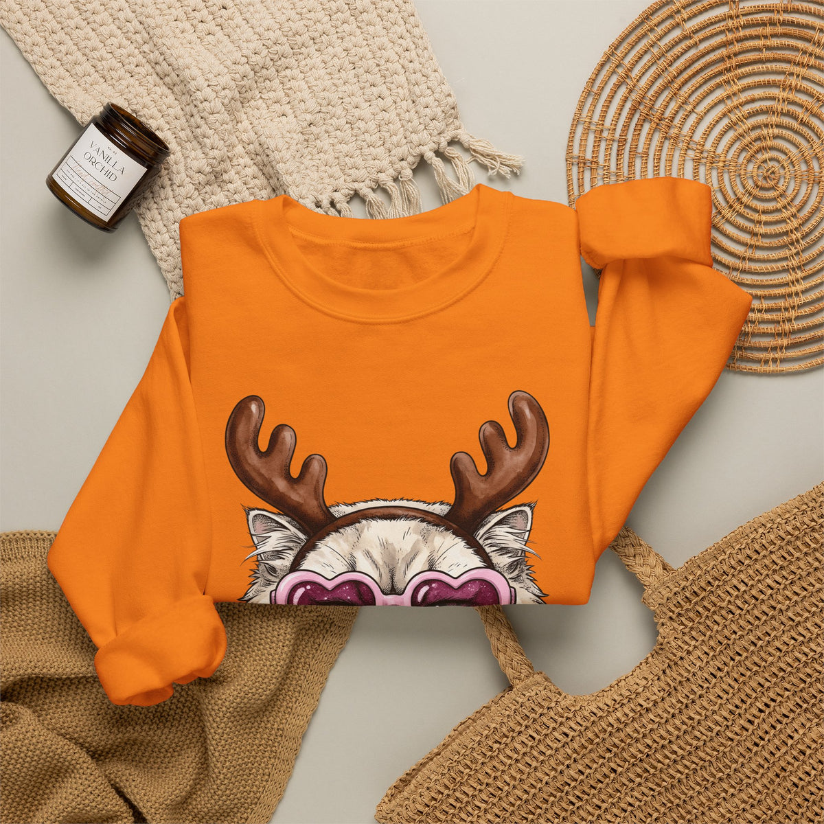 Cat Reindeer Sweatshirt Christmas Cat Gift Women Hand Drawn Sweatshirt Reindeer Sweatshirt Xmas Fan Illustrated Graphic Kitten Design Vintage Heart