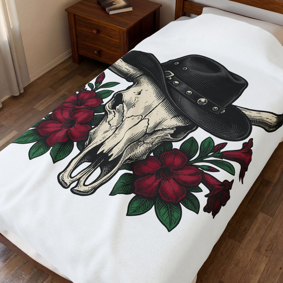 Bull Skull Hat Blanket Cowgirl Ranch Gift Women Line Art Blanket Skull Cap Blanket Cowgirl Fan Illustration Graphic Retro Crimson Blooms Blanket