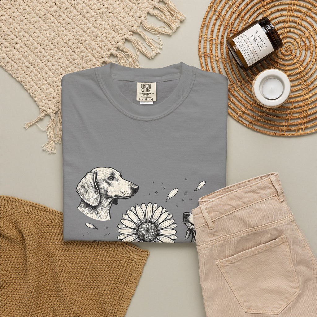 Dachshund Dog T-Shirt Dog Floral Gift Women Hand Drawn T-Shirt Wiener Dog T-Shirt Dog Fan Illustrated Design Vintage Daisy Flower T-Shirt