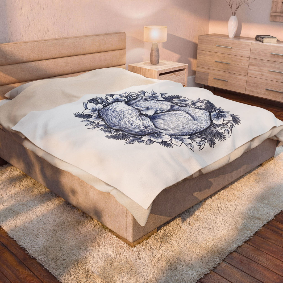 Fox Blossom Blanket Christmas Creature Gift Women Cartoon Blanket Flower Blanket Xmas Fan Comic Blanket Beast Graphic Hand Drawn Pine Branch Blanket