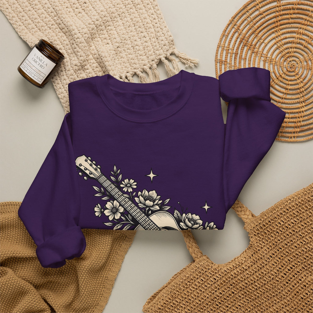 Blossom Guitar Sweatshirt Floral Melody Gift Women Illustrative Sweatshirt Guitar Sweatshirt Flower Fan Illustrated Sweatshirt Harmony Graphic Old School Star