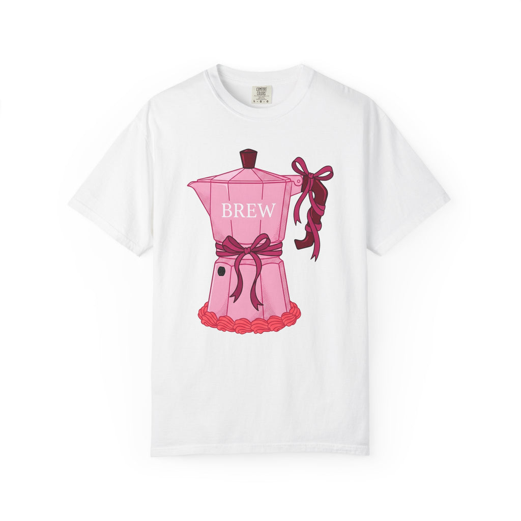 Moka Pot T-Shirt Coffee Foodie Gift Women Cute T-Shirt Stovetop Coffee T-Shirt Coffee Fan Cute T-Shirt Food Graphic Hand Drawn Bow T-Shirt