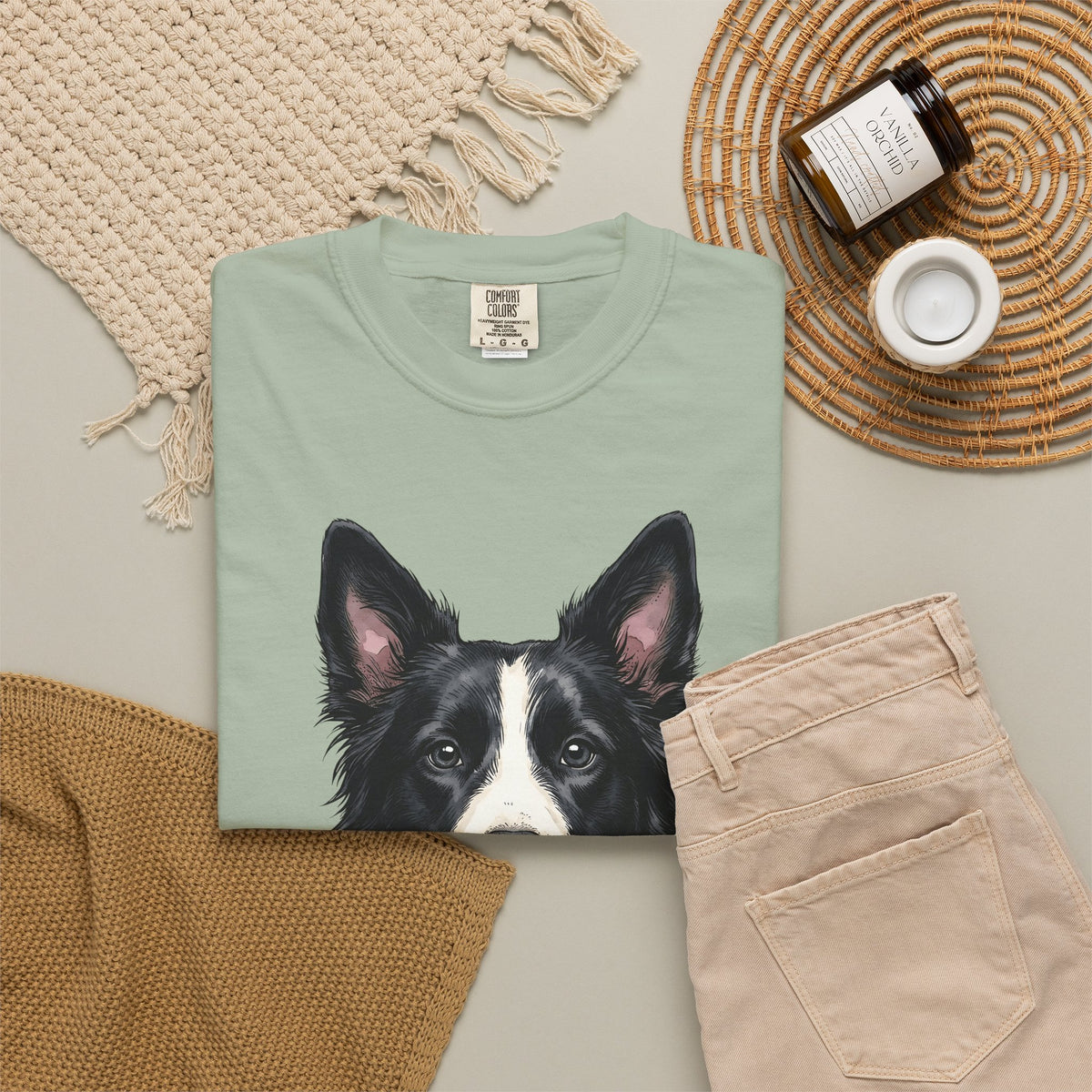 Border Collie Puppy T-Shirt Dog Pets Gift Women Line Art T-Shirt Puppy T-Shirt Dog Fan Collie T-Shirt Animal Graphic Hand Drawn Woven Collar T-Shirt