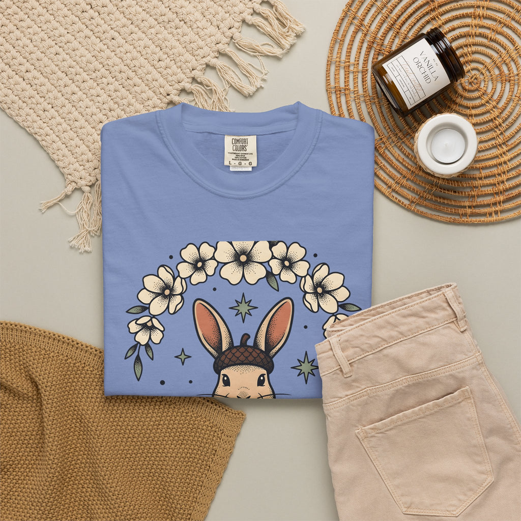 Peaceful Hare T-Shirt Yoga Critter Gift Women Folk T-Shirt Rabbit T-Shirt Yoga Enthusiast Folk Art T-Shirt Animal Graphic Line Art Garden Loop