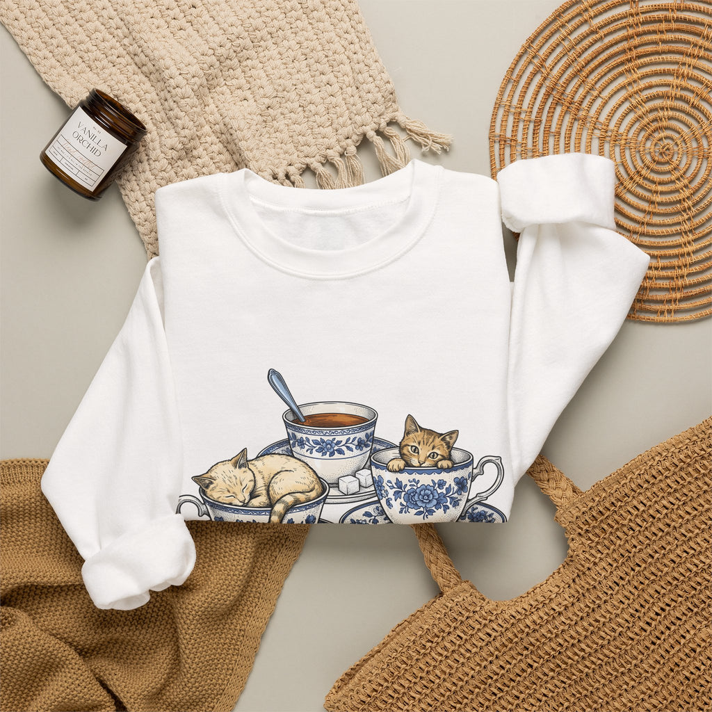 Cat Teacup Sweatshirt Cat Beverage Gift Women Retro Sweatshirt Kitty Sweatshirt Cat Fan Vintage Sweatshirt Coffee Graphic Sketch Flower Design Sweatshirt