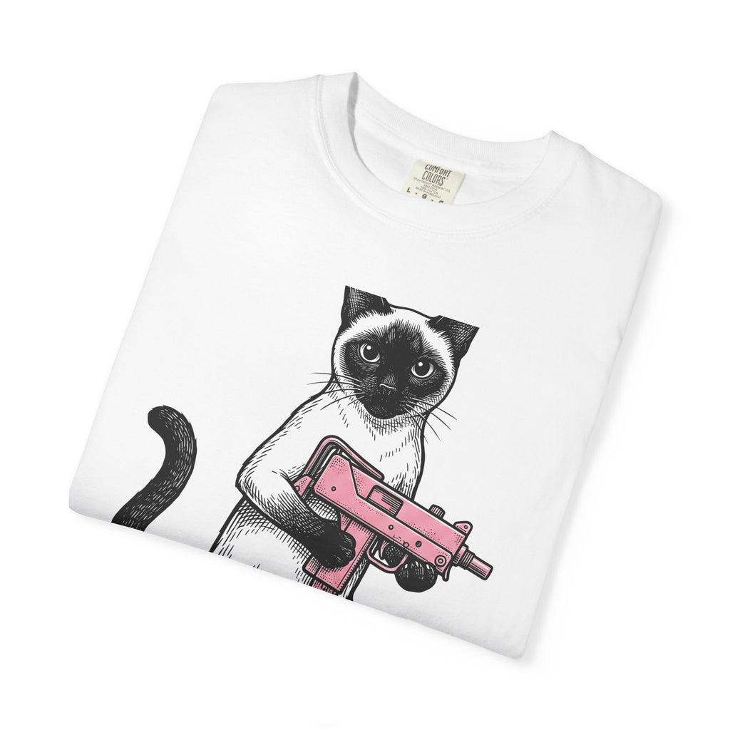 Siamese Cat T-Shirt Cat Humor Gift Women Hand Drawn T-Shirt Siamese T-Shirt Feline Fan Illustrated Graphic T-Shirt Vintage Toy Gun T-Shirt