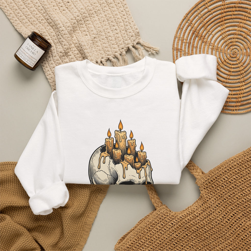Skull Candles Sweatshirt Gothic Halloween Gift Women Gothic Sweatshirt Candle Sweatshirt Dark Fan Cthulhu Graphic Spooky Sweatshirt Vintage Wax Sweatshirt