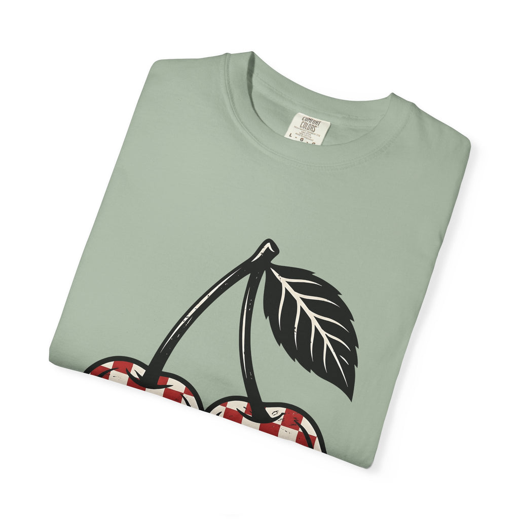 Cherry Illustration T-Shirt Moms Produce Gift Women Rustic T-Shirt Cherry T-Shirt Mother Fan Vintage T-Shirt Harvest Graphic Nostalgic Plaid Design