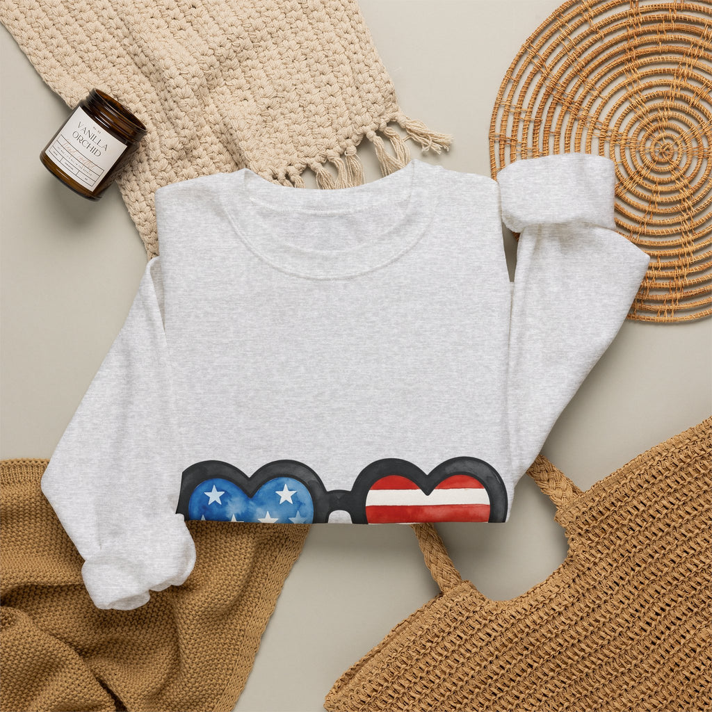 Heart Sunglasses Sweatshirt 4th Of July Patriotic Gift Women Watercolor Sweatshirt Shades Sweatshirt Independence Day Fan Painted Sweatshirt American Graphic
