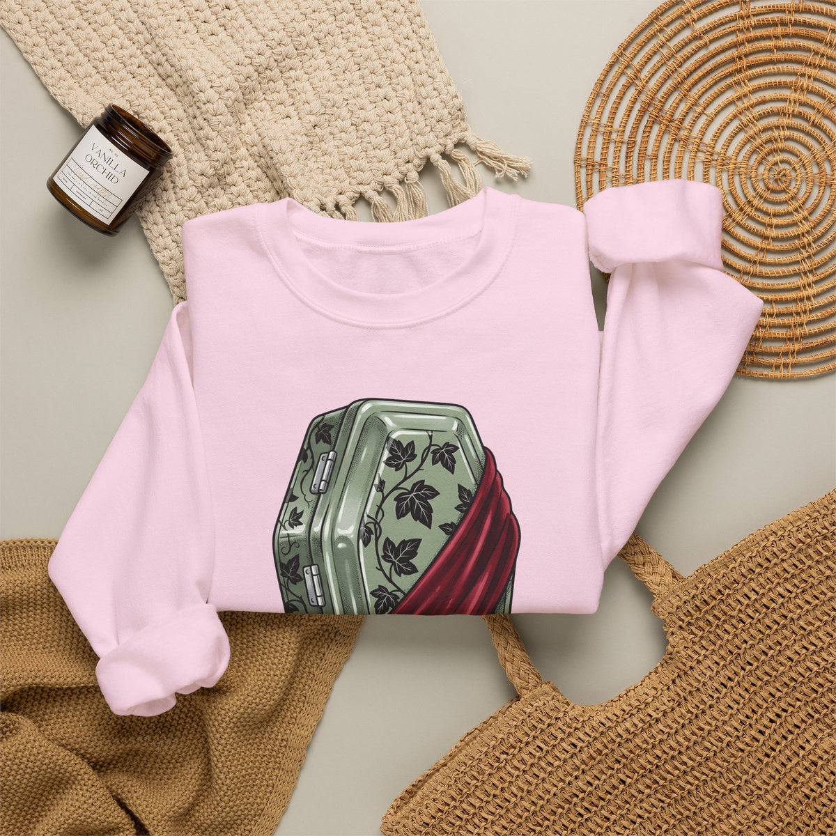 Blossom Coffin Sweatshirt Halloween Macabre Gift Women Eerie Sweatshirt Flower Coffin Sweatshirt Horror Fan Dark Sweatshirt Morbid Graphic Antique Crimson