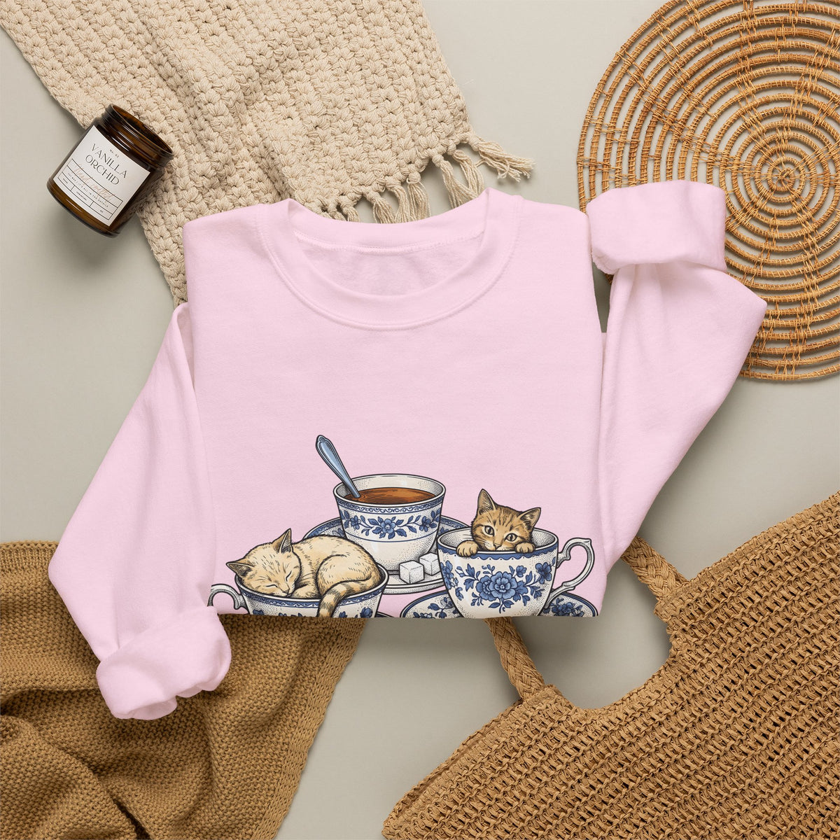 Cat Teacup Sweatshirt Cat Beverage Gift Women Retro Sweatshirt Kitty Sweatshirt Cat Fan Vintage Sweatshirt Coffee Graphic Sketch Flower Design Sweatshirt
