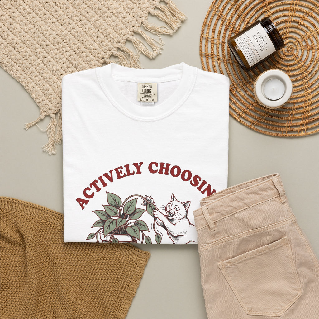 Feline Foliage T-Shirt Cat Comedy Gift Women Classic T-Shirt Cat Foliage T-Shirt Cat Fan Vintage T-Shirt Humor Graphic Ink Drawing Potted Plant