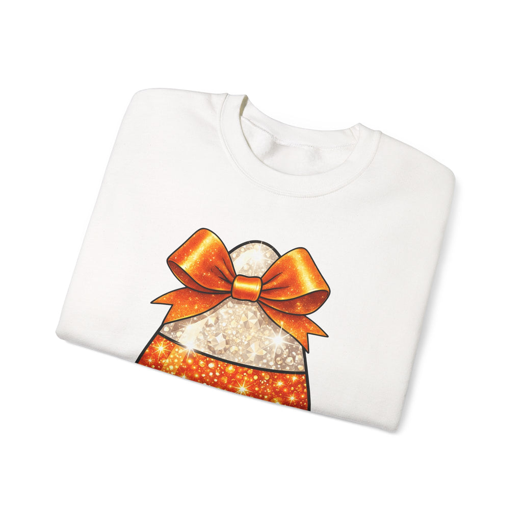 Candy Corn Sweatshirt Halloween Candy Gift Women Glitter Sweatshirt Triangular Corn Sweatshirt Spooky Fan Sparkling Sweatshirt Sweets Graphic Kawaii Bow Sweatshirt