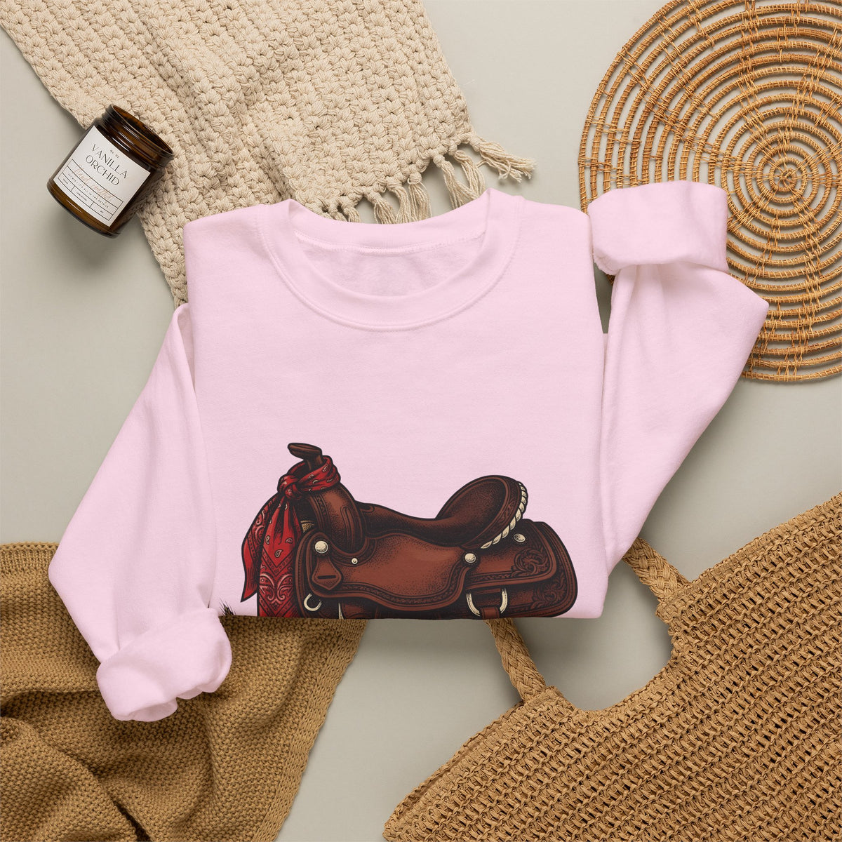 Western Saddle Cowgirl Western Gift Vintage Saddle Cowboy Fan Rodeo Hand Drawn Wheat Sweatshirt