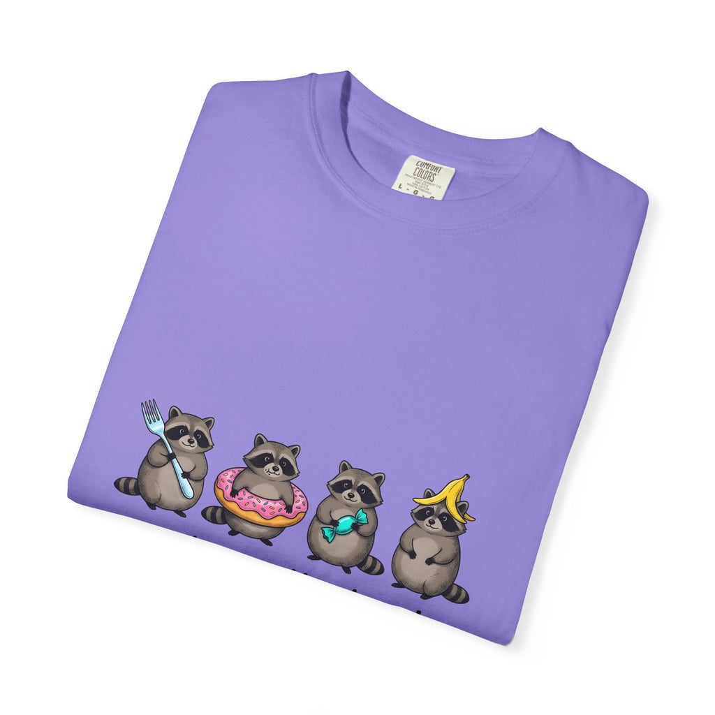 Raccoon Group T-Shirt Funny Animal Gift Women Cute T-Shirt Trash Panda T-Shirt Humor Fan Cartoon T-Shirt Wildlife Graphic Hand Drawn Donut T-Shirt