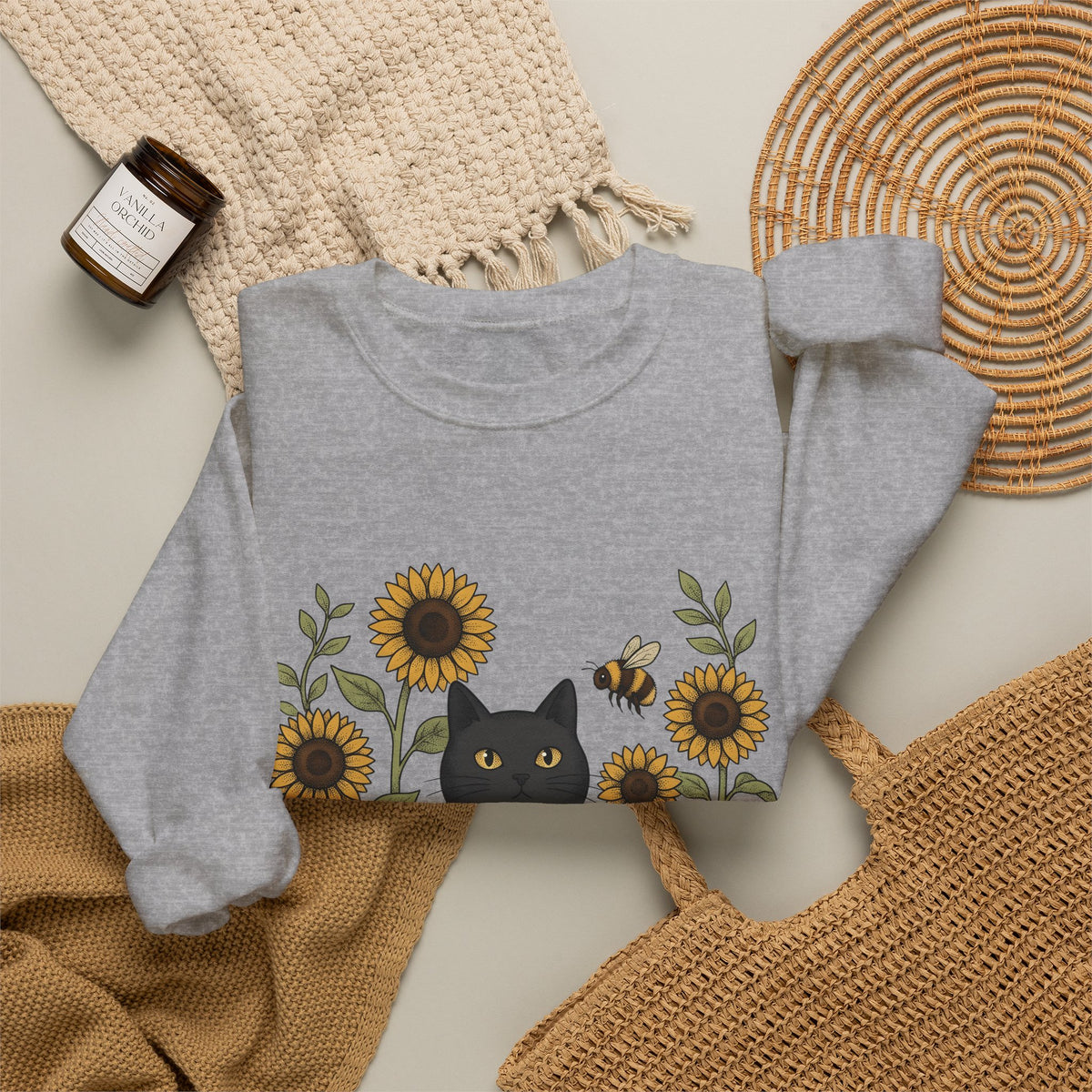 Dark Cat Sweatshirt Boho Chic Garden Gift Women Line Art Sweatshirt Black Cat Sweatshirt Bohemian Fan Minimalist Sweatshirt Gardening Graphic Cartoon Yellow