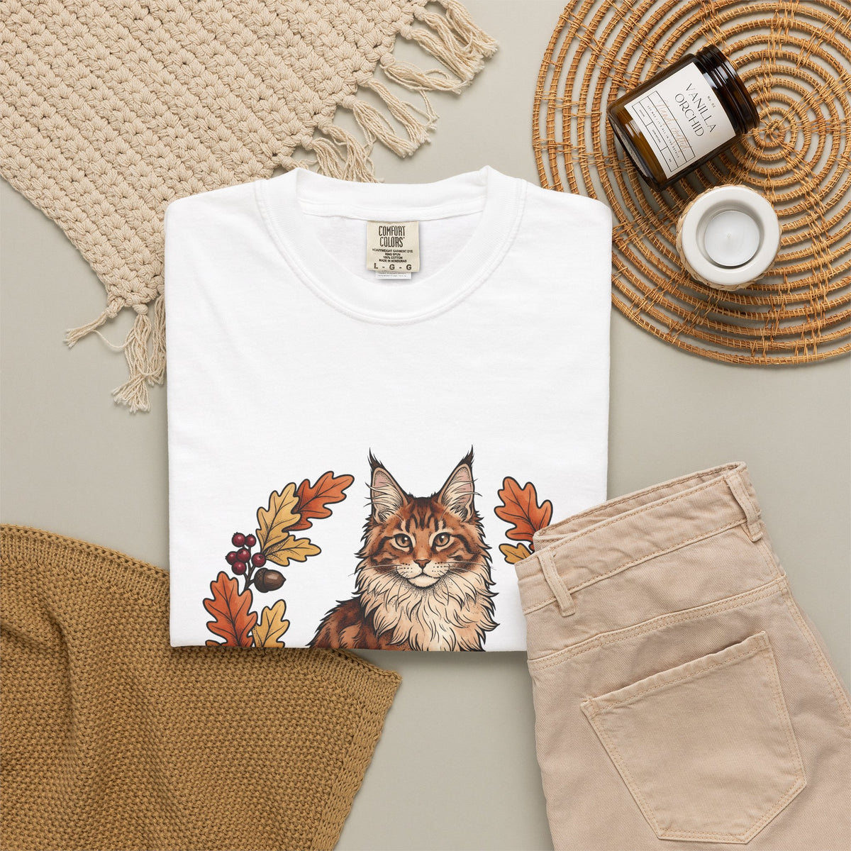 Maine Coon Pet T-Shirt Cat Pumpkin Gift Women Greenery T-Shirt Cat T-Shirt Cat Fan Foliage T-Shirt Gourd Graphic Old-Fashioned Orange Leaves T-Shirt