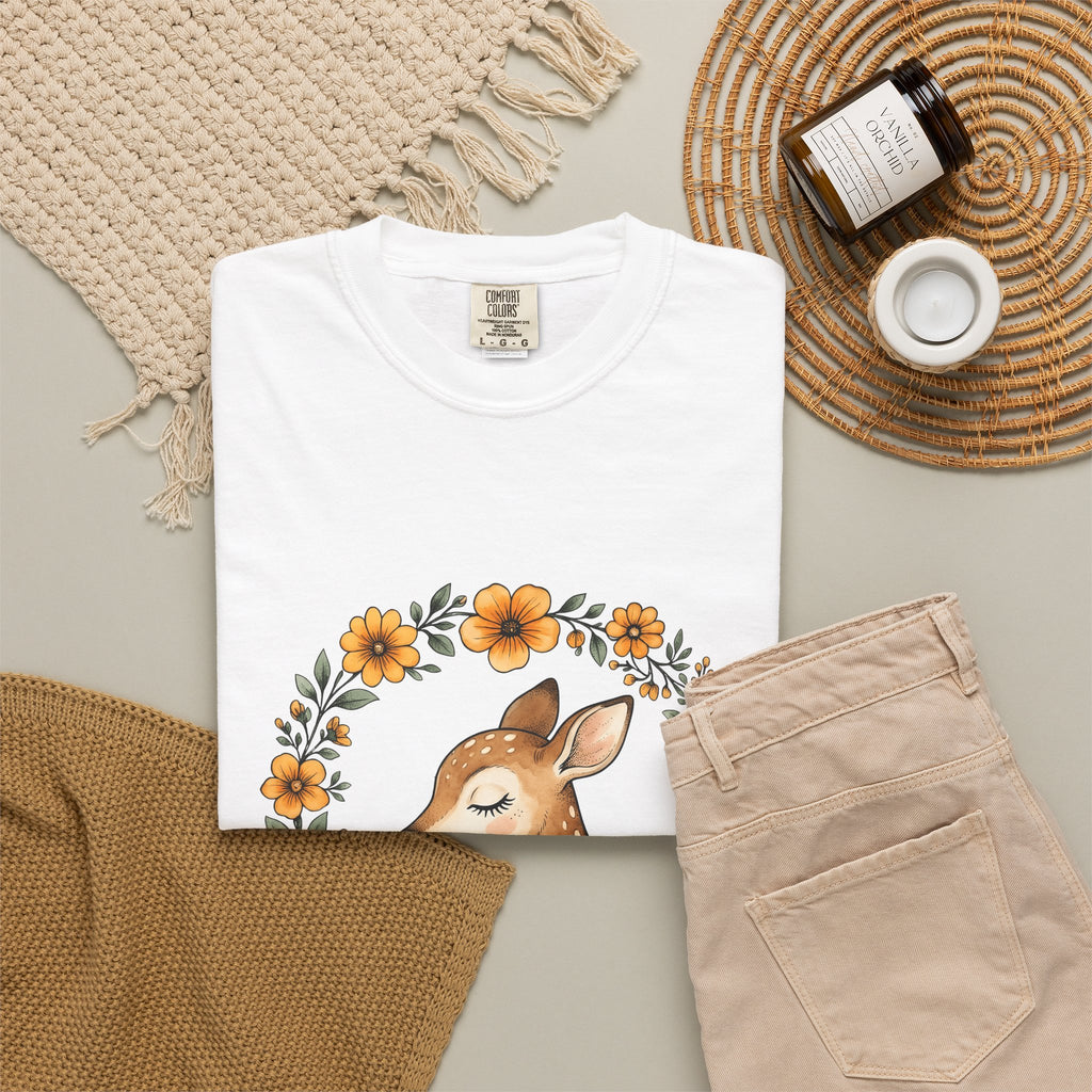 Fawn Boho Chic Forest Gift Sketch Deer Bohemian Fan Drawing Woods Pastel Flower Crown T-Shirt