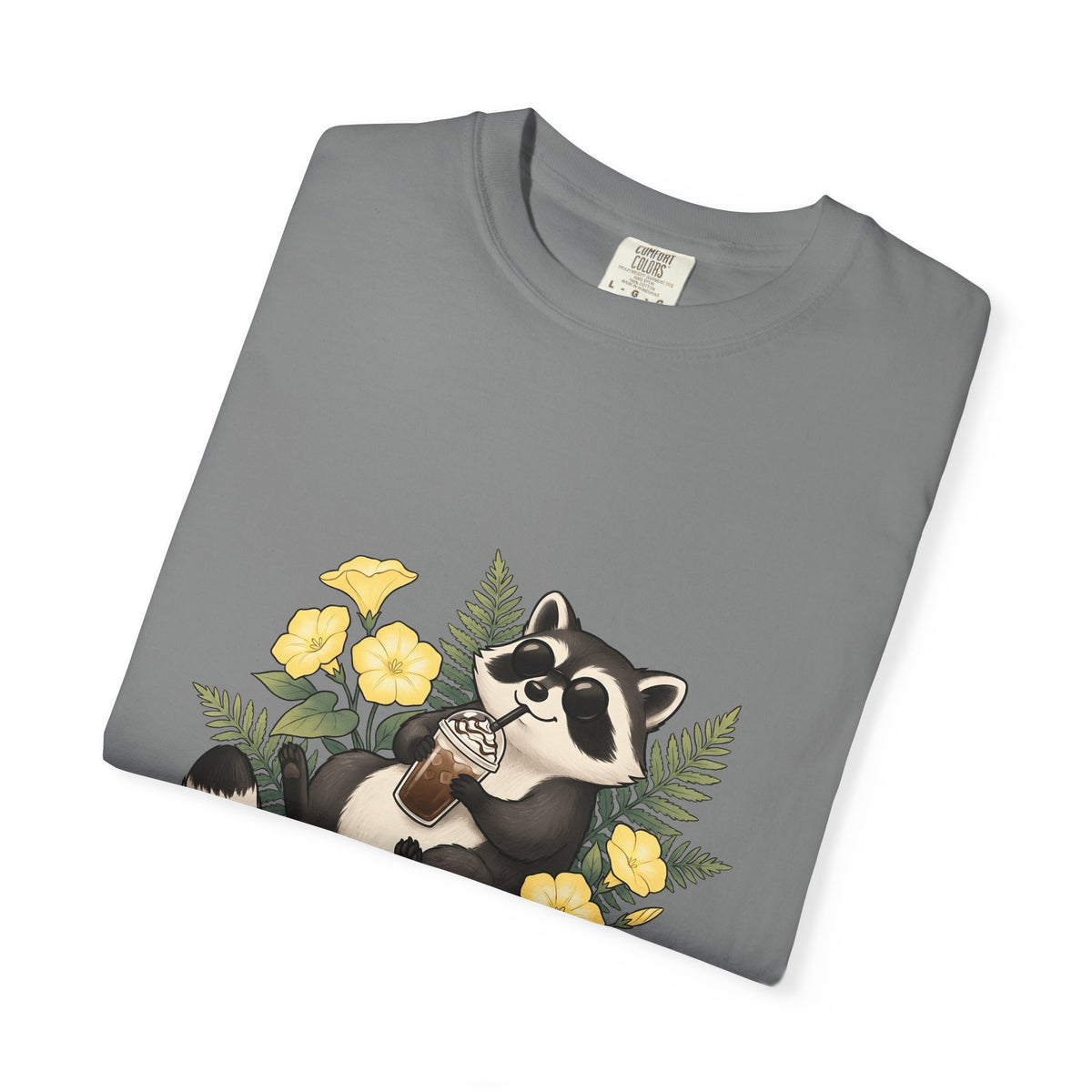 Raccoon Cappuccino T-Shirt Coffee Pet Gift Women Cartoon T-Shirt Cappuccino T-Shirt Coffee Fan Caricature T-Shirt Animal Graphic Outline Florals