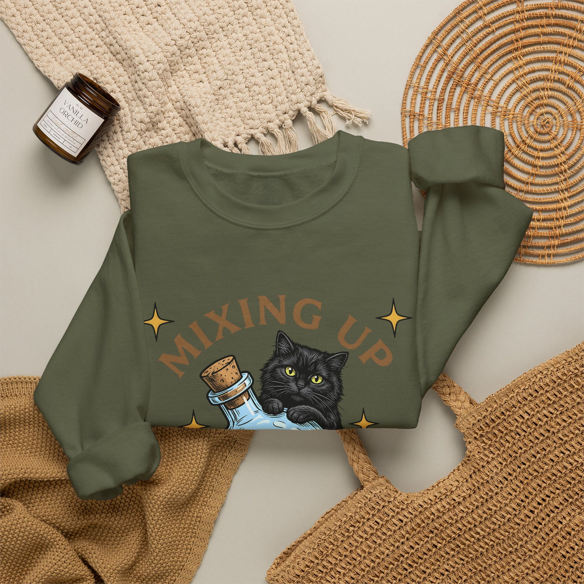 Black Cat Potion Sweatshirt Cat Humor Gift Women Cartoon Sweatshirt Magic Potion Sweatshirt Cat Fan Comic Sweatshirt Funny Graphic Vintage Stars Sweatshirt