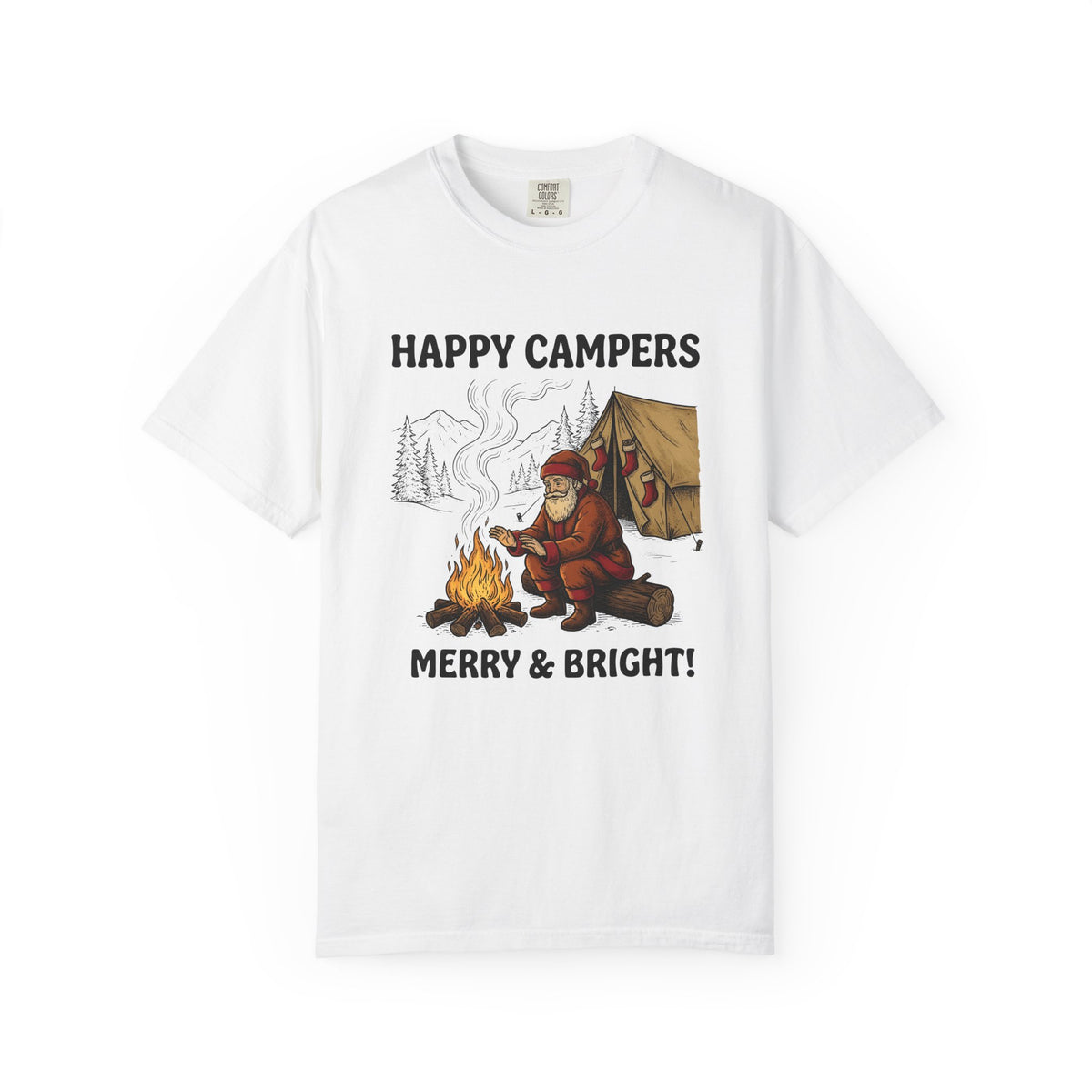 Santa Campfire T-Shirt Christmas Hiking Gift Women Rustic T-Shirt Krampus T-Shirt Xmas Fan Holiday Trek Graphic T-Shirt Line Art Camping Tent