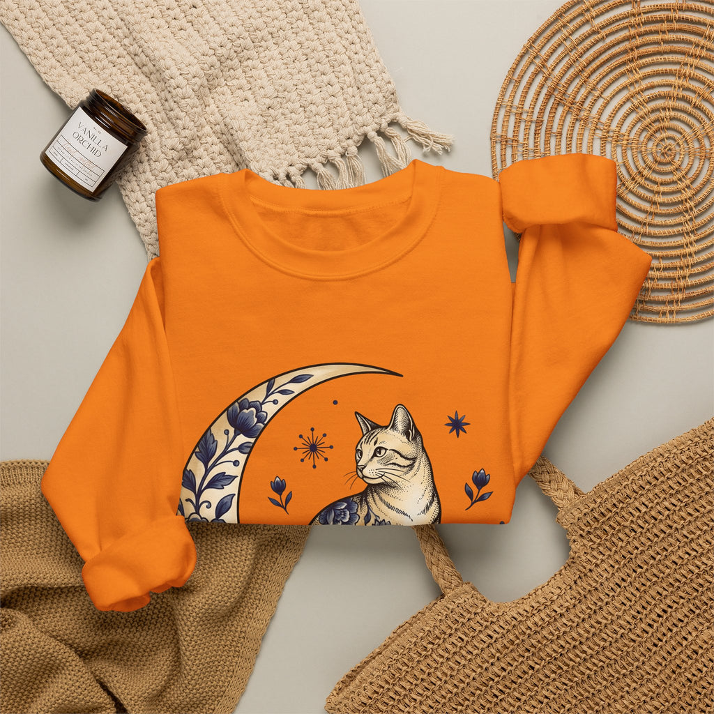 Flower Kitty Sweatshirt Cat Astrology Gift Women Hippie Sweatshirt Kitty Cat Sweatshirt Cat Fan Zodiac Graphic Sweatshirt Retro Half Moon Sweatshirt