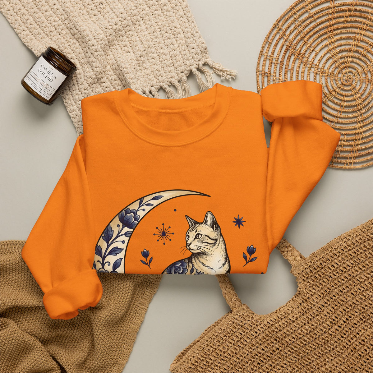 Flower Kitty Sweatshirt Cat Astrology Gift Women Hippie Sweatshirt Kitty Cat Sweatshirt Cat Fan Zodiac Graphic Sweatshirt Retro Half Moon Sweatshirt