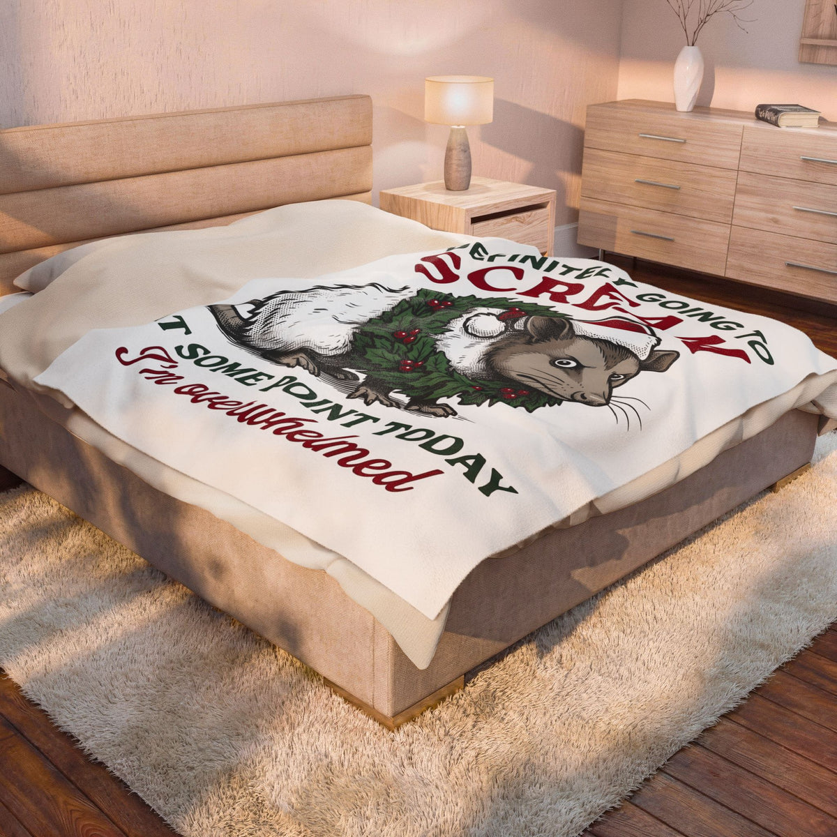 Possum Holiday Hat Blanket Funny Critter Gift Women Sketch Blanket Opossum Blanket Humor Fan Doodle Blanket Animal Graphic Line Art Xmas Wreath
