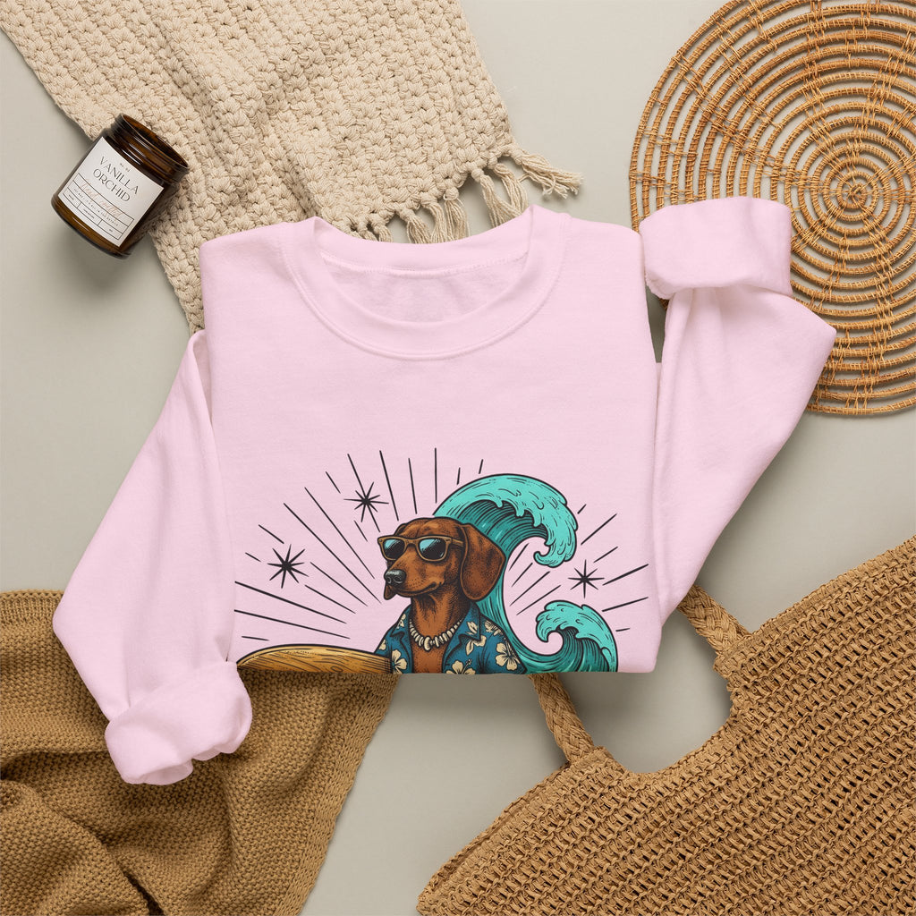 Dachshund Surfer Sweatshirt Dog Holiday Gift Women Animated Sweatshirt Wiener Dog Sweatshirt Dog Fan Cartoon Sweatshirt Vacation Graphic Retro Surfboard Sweatshirt