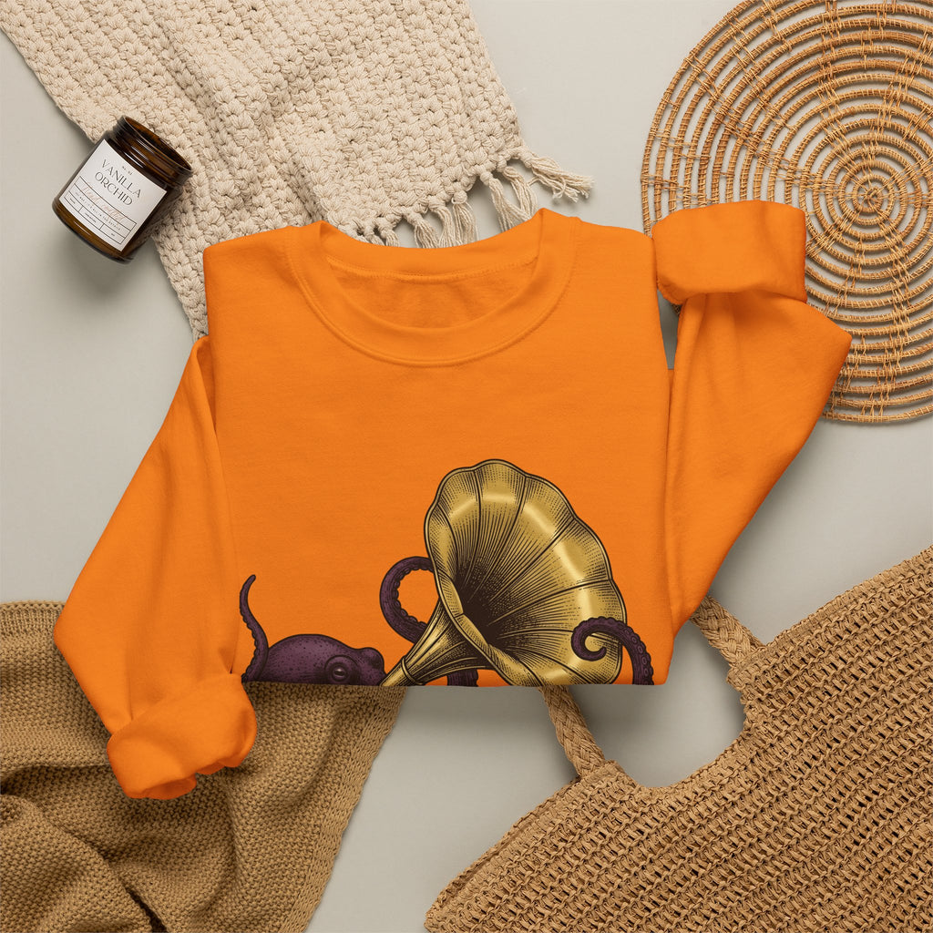 Octopus Phonograph Sweatshirt Animal Sound Gift Women Classic Sweatshirt Gramophone Sweatshirt Pet Fan Retro Sweatshirt Audio Graphic Doodle Music Player